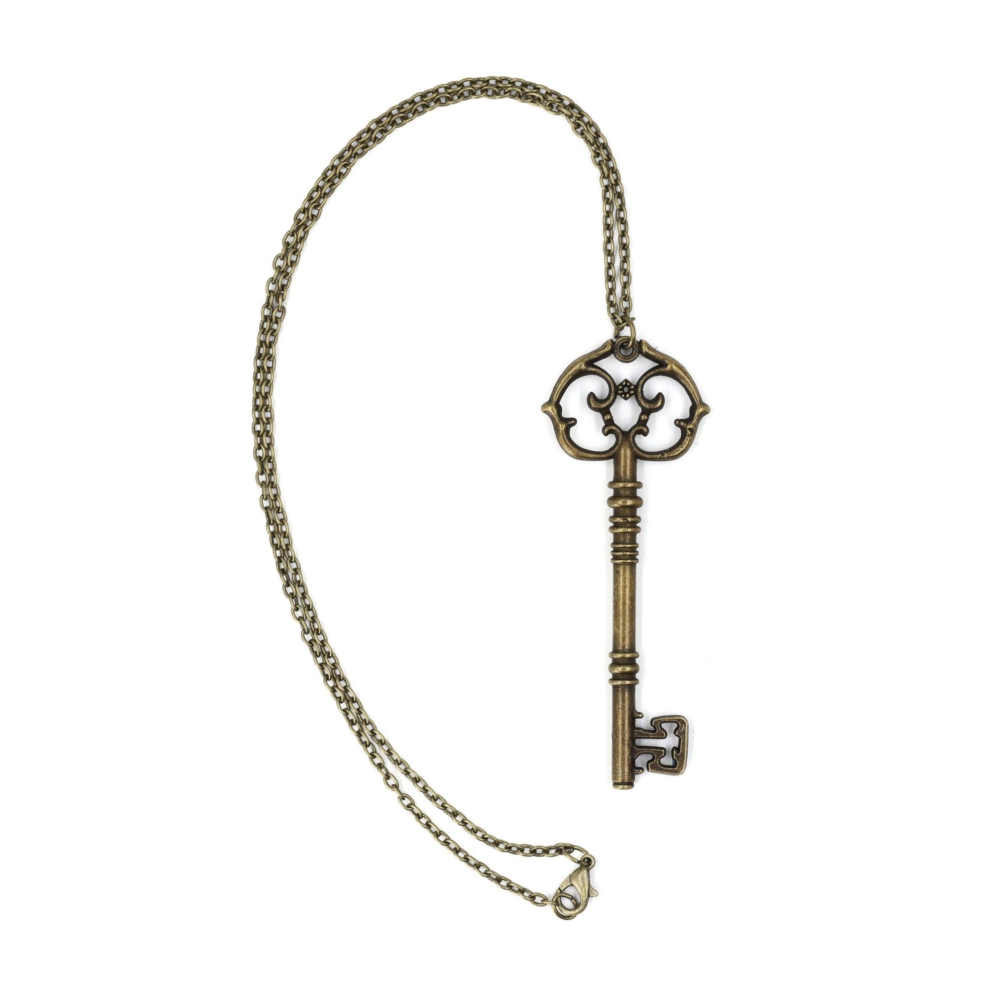 Antique Key Pendant Necklace in Aged Brass Tone or Silver