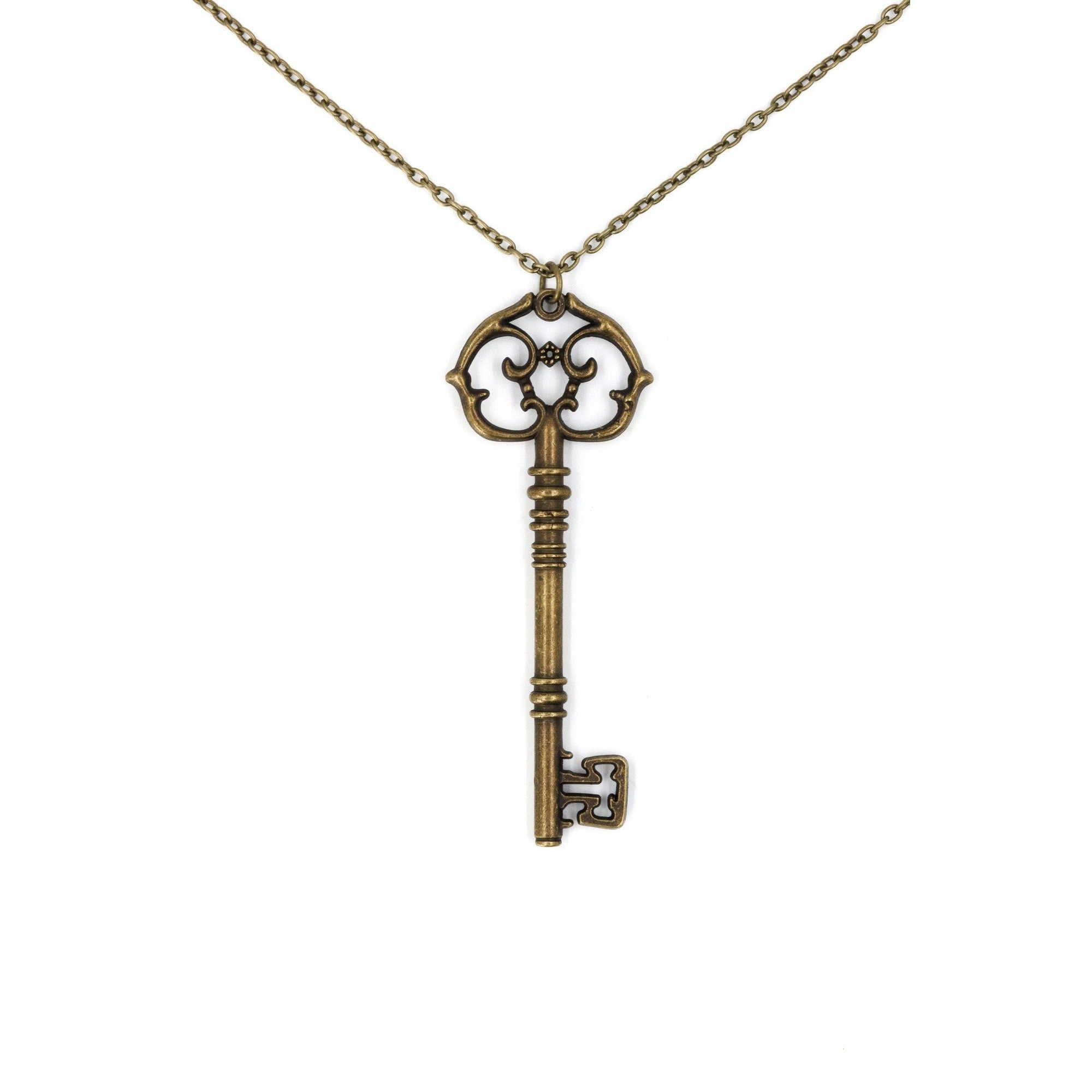 Antique Key Pendant Necklace in Aged Brass Tone or Silver