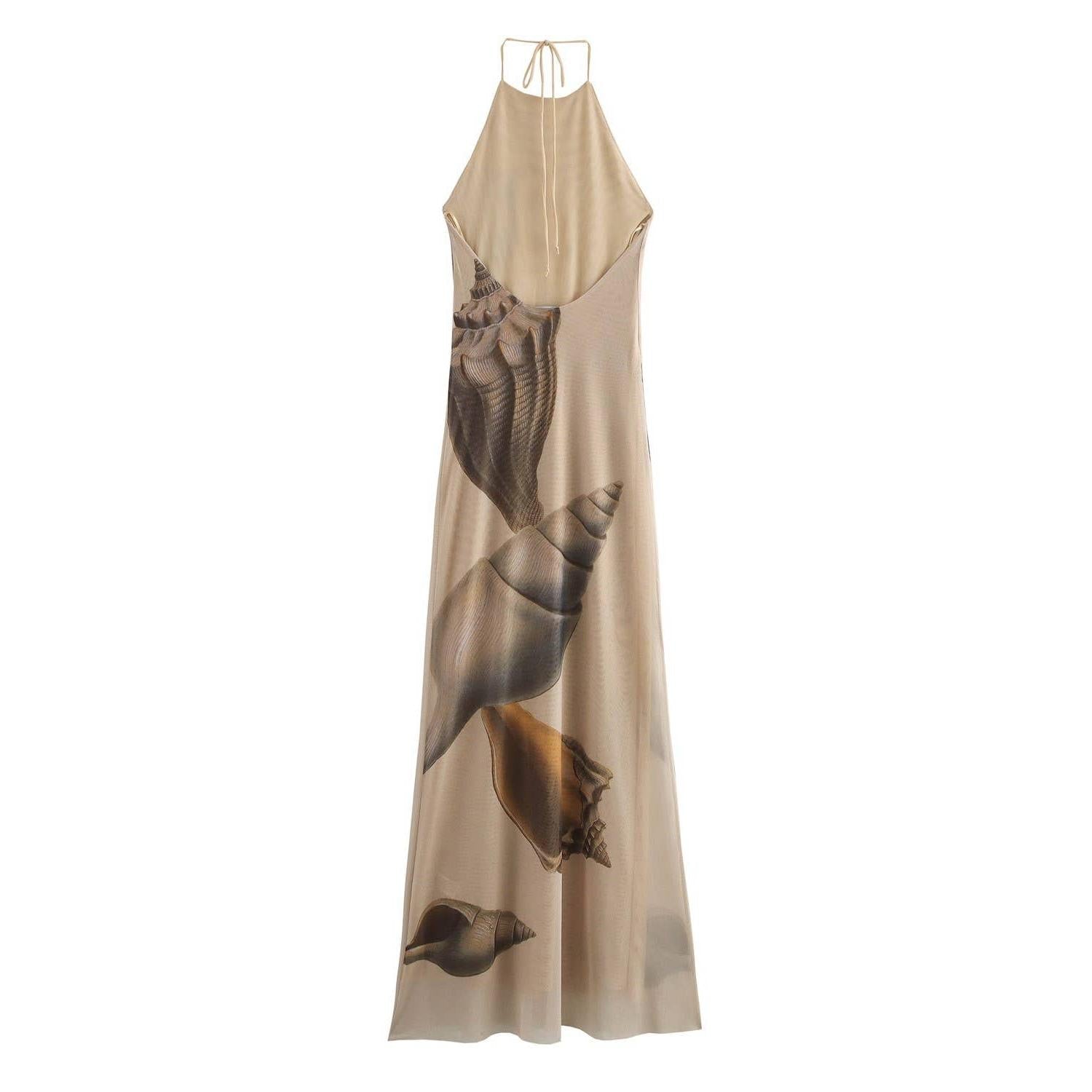 Beach Seashell Print Halterneck Mesh Maxi Dress [Sizes S-L]